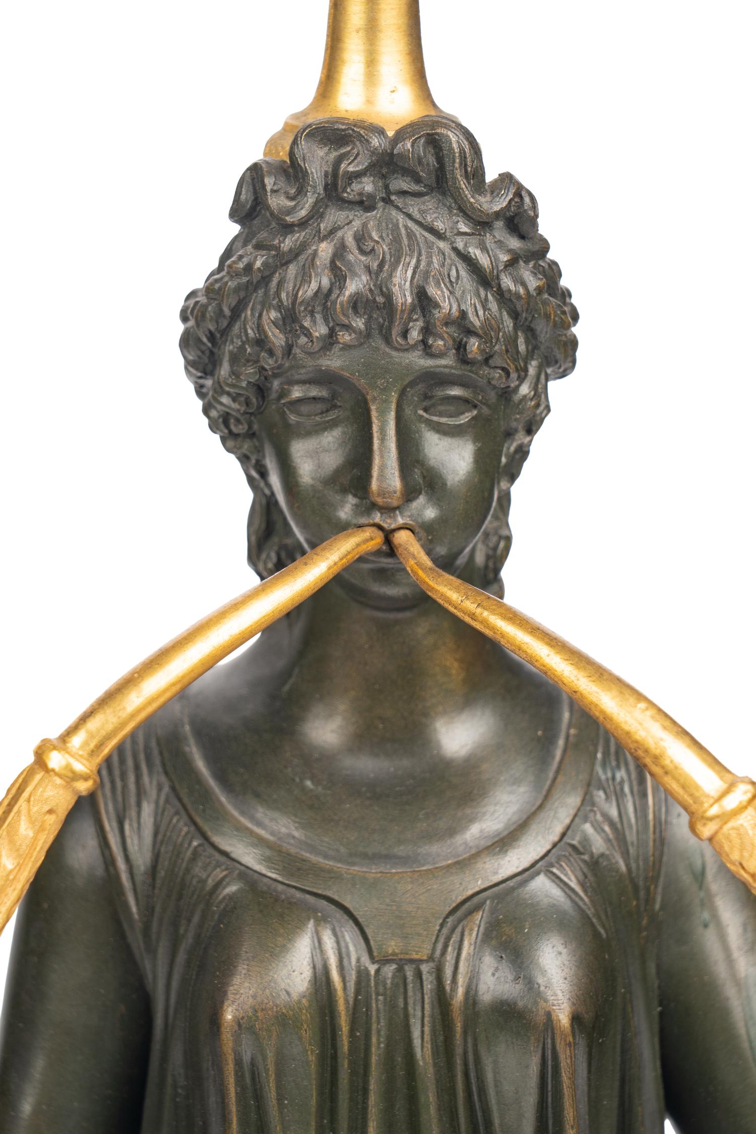 A Pair of Empire Gilt and Patinated Bronze Three-Light Candelabra