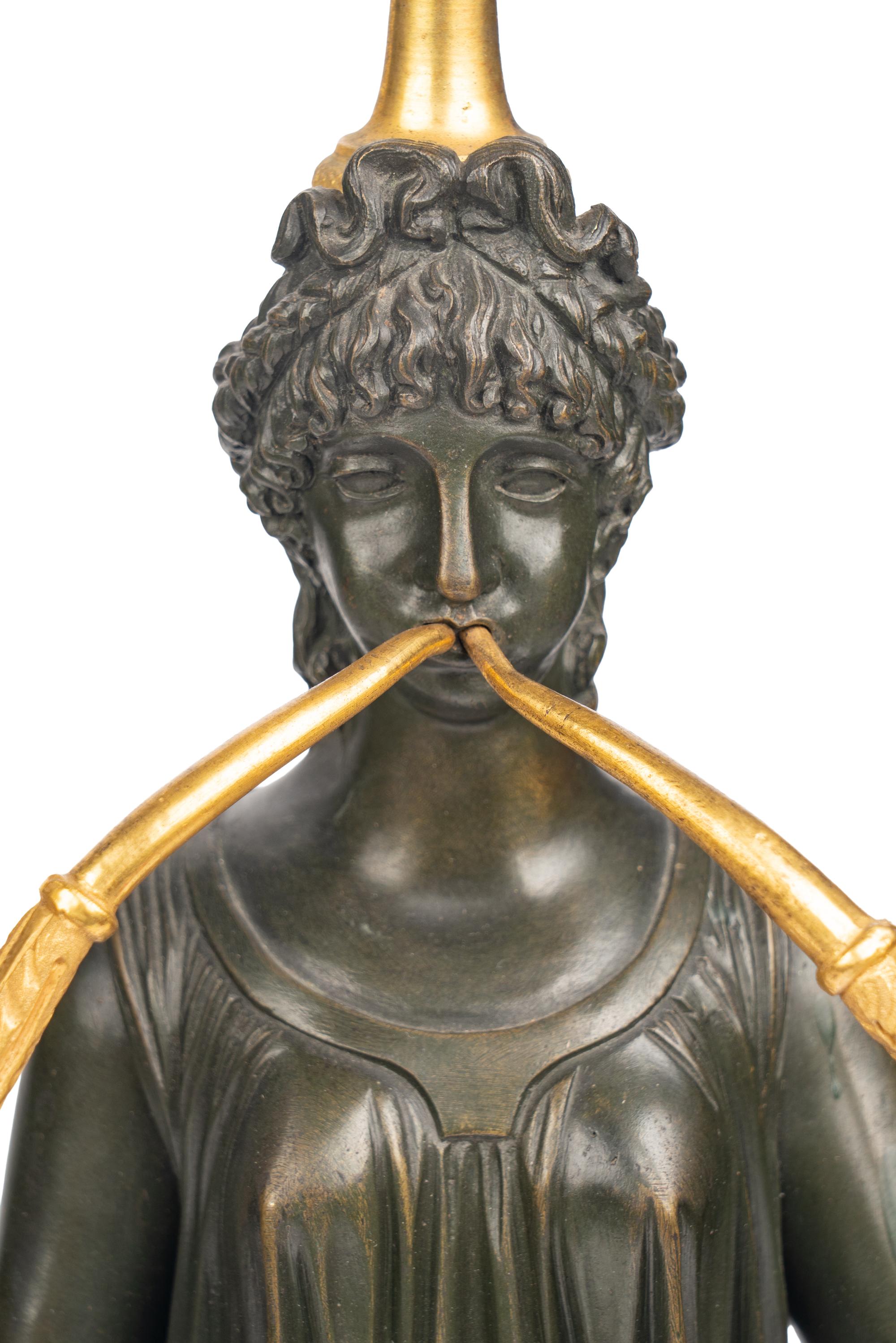 A Pair of Empire Gilt and Patinated Bronze Three-Light Candelabra