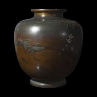 A Large Japanese Mixed-Metal 'Birds, Chrysanthemums and Bamboo' Vase, Meiji/Taisho Period 日本明治/大正時代 銅嵌銀鎏金花鳥圖罐