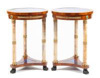 A Pair of Empire Style Gilt Bronze, Onyx and Lapis Lazuli Mounted Mahogany Gueridons Height 29 1/2 x diameter of top 20 1/2 inches.