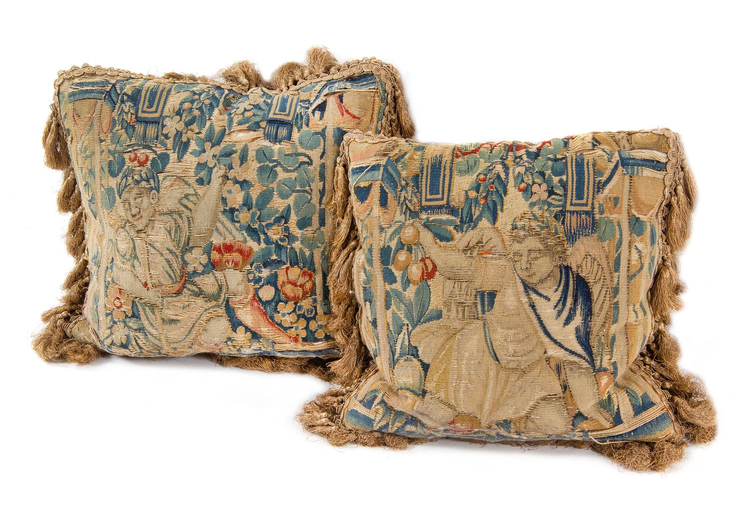 A Pair of Flemish Tapestry Pillows Height 14 x width 14 inches. — INCORPORATING 17TH CENTURY TAPESTRY
