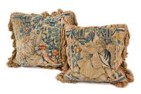 A Pair of Flemish Tapestry Pillows Height 14 x width 14 inches. — INCORPORATING 17TH CENTURY TAPESTRY
