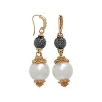 CULTURED SOUTH SEA PEARL, DIAMOND, AND BLACK DIAMOND EARRINGS