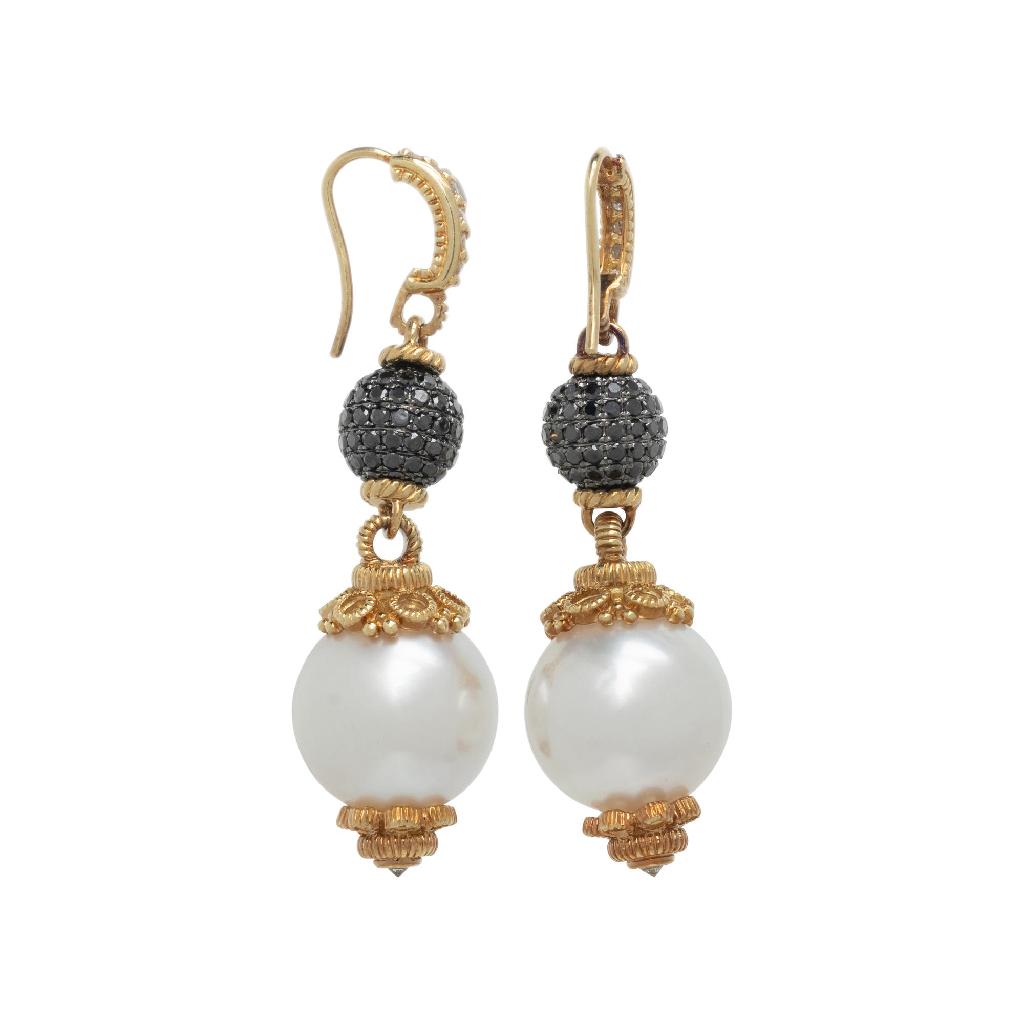CULTURED SOUTH SEA PEARL, DIAMOND, AND BLACK DIAMOND EARRINGS