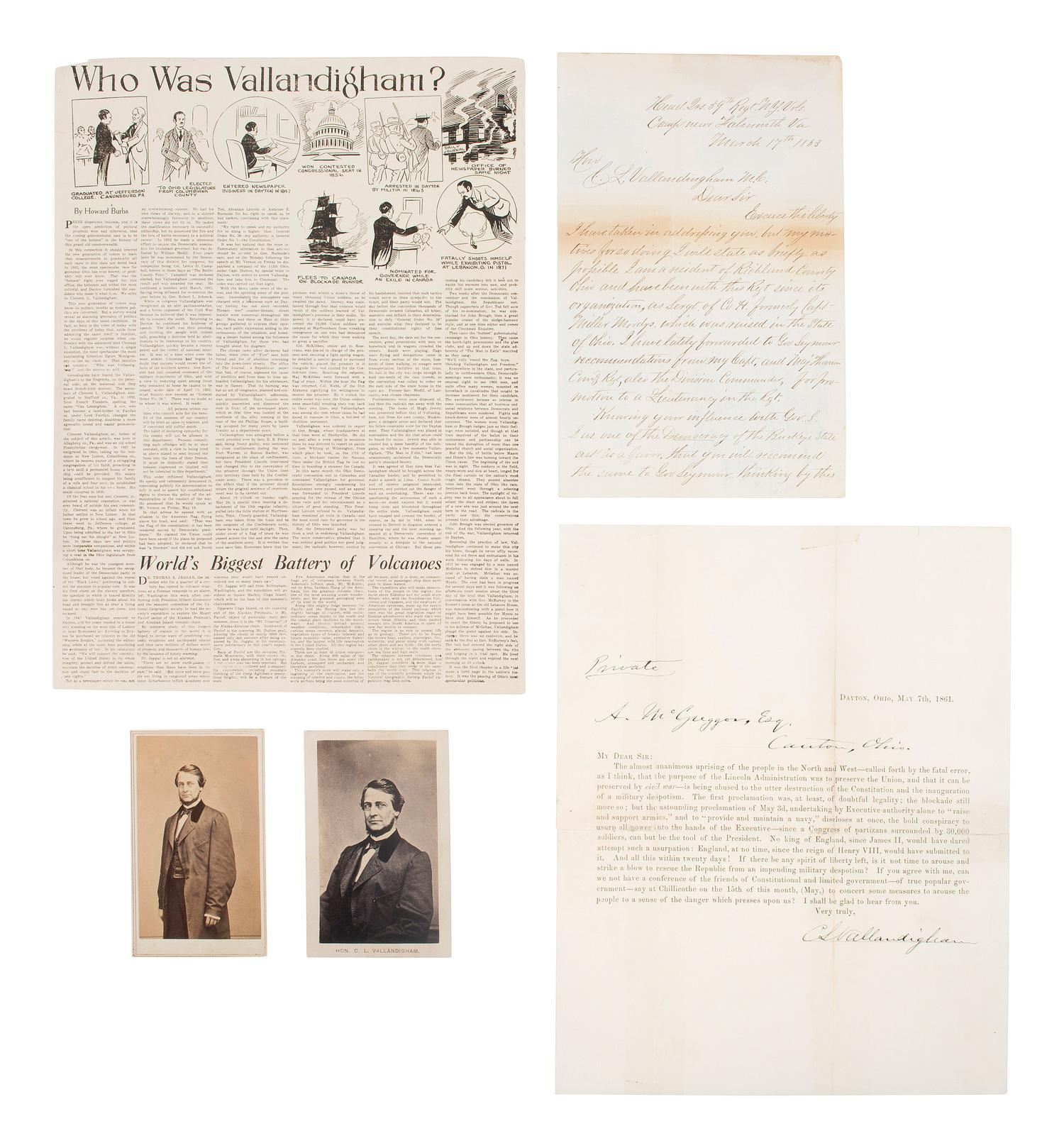 [CIVIL WAR -- COPPERHEADS] -- [VALLANDIGHAM, Clement (1820-1871)]. Typed letter signed, 1861.