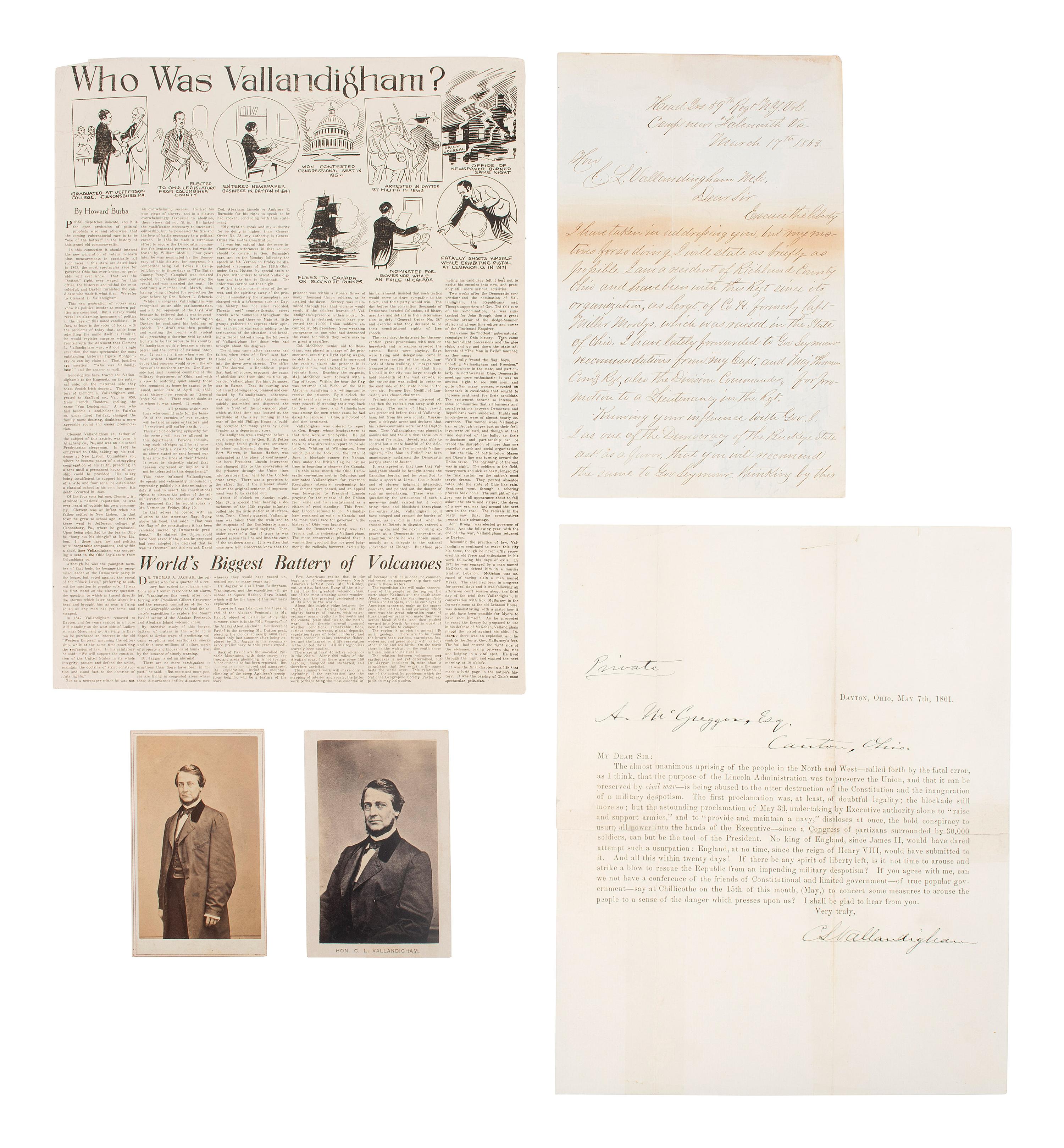 [CIVIL WAR -- COPPERHEADS] -- [VALLANDIGHAM, Clement (1820-1871)]. Typed letter signed, 1861.