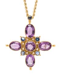 AMETHYST, SAPPHIRE AND DIAMOND PENDANT/BROOCH NECKLACE