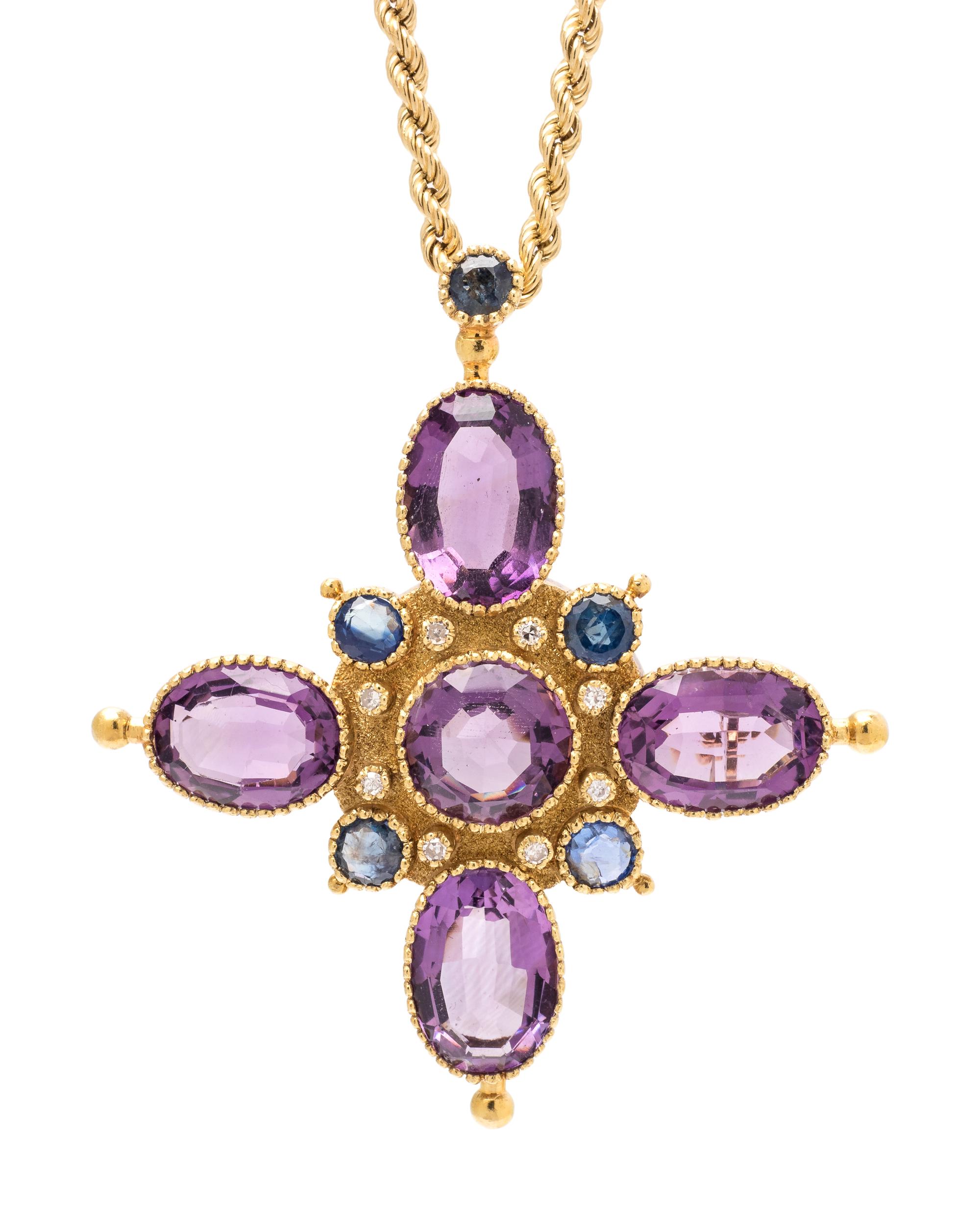 AMETHYST, SAPPHIRE AND DIAMOND PENDANT/BROOCH NECKLACE