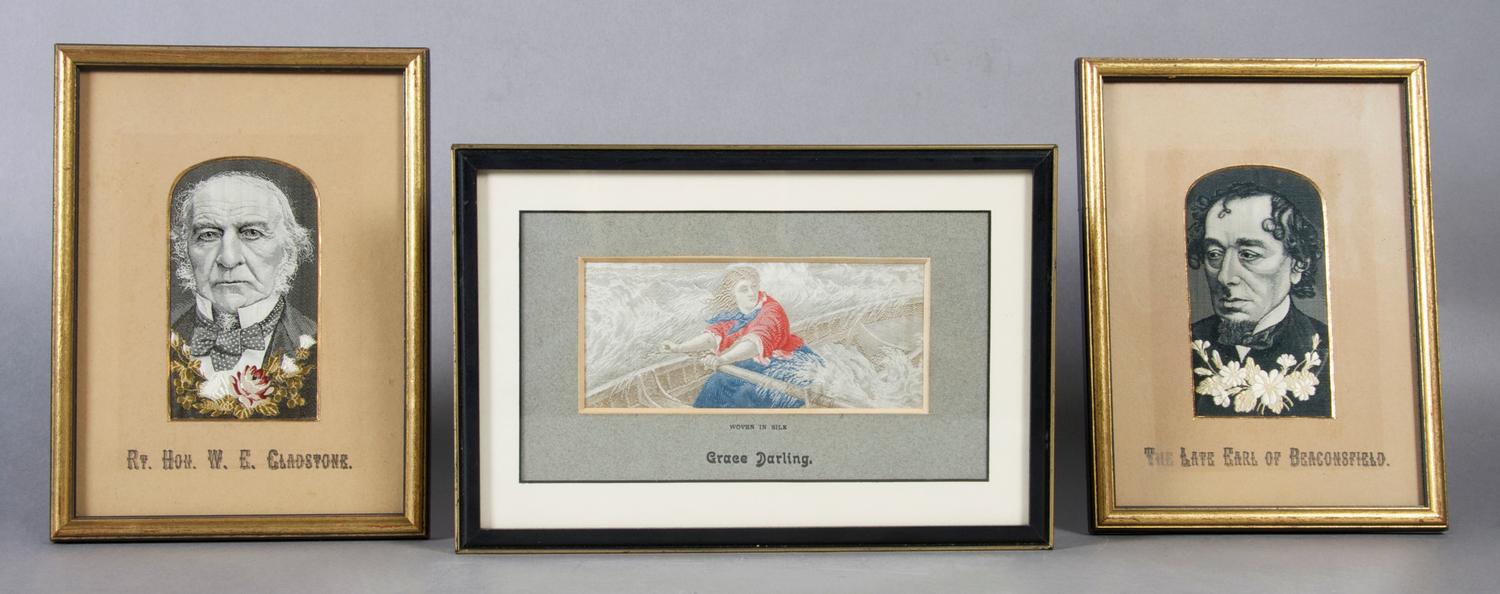 A Group of Three Woven Silk Stevengraphs, Height of portraits 4 inches.