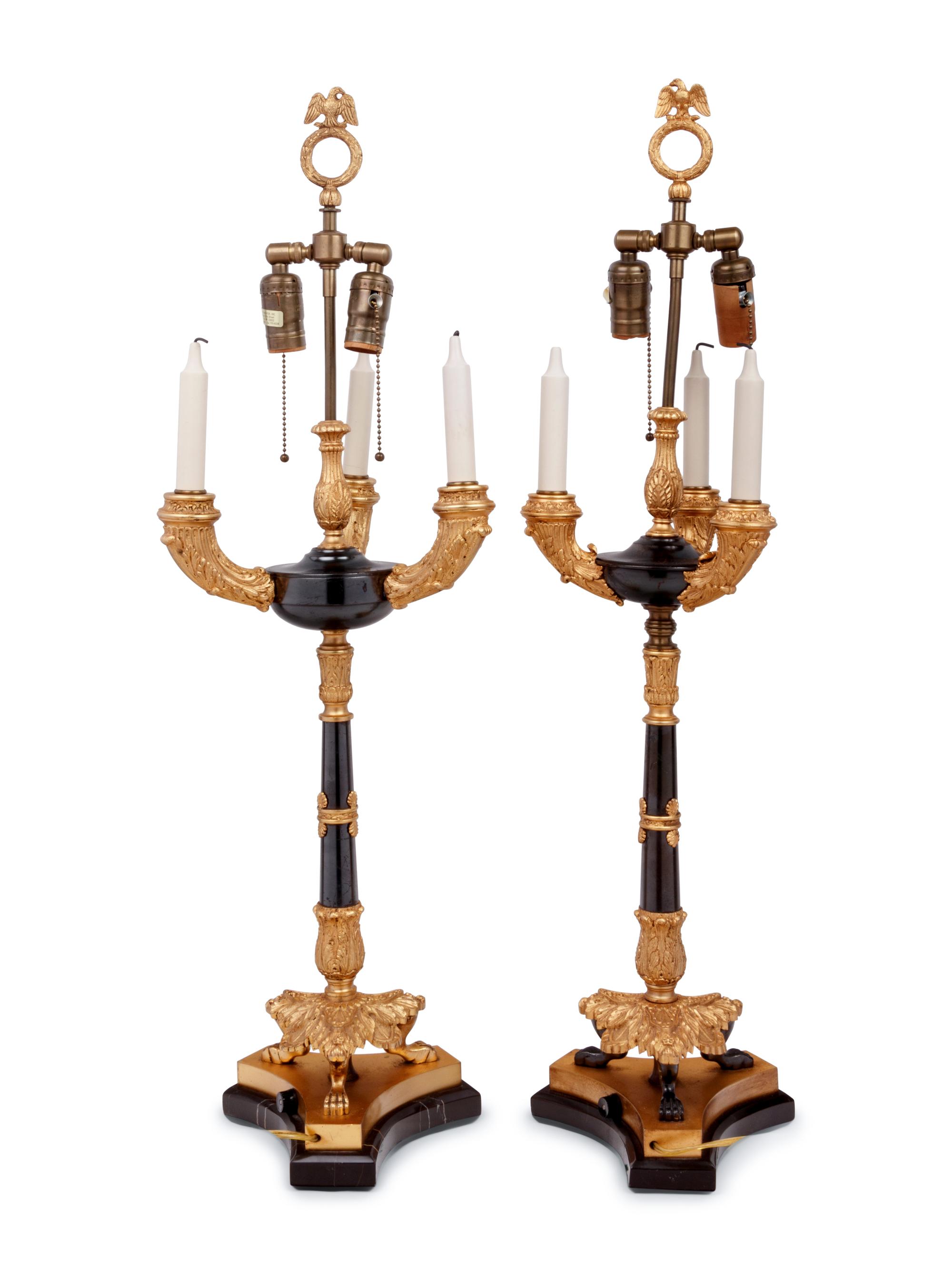 A Pair of Louis Philippe Style Gilt and Patinated Bronze Candelabra Mounted as Lamps