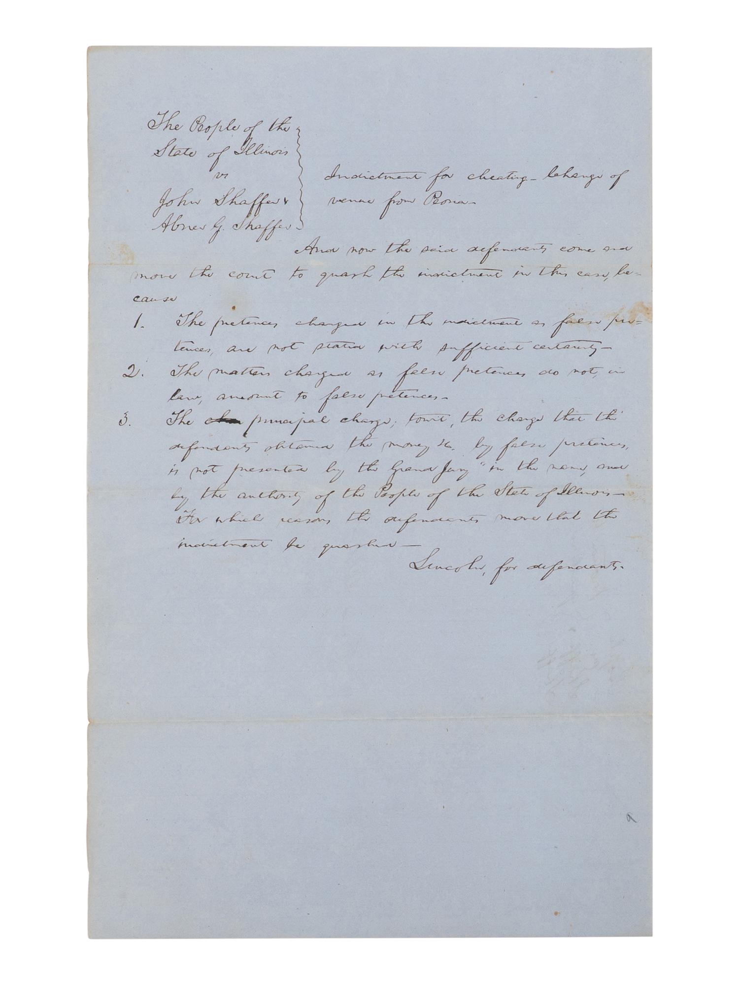 LINCOLN, Abraham (1809-1865). Autograph legal document signed ("Lincoln, for defendant"), [Tazewell County, Ill.], [filed] 4 October 1853.