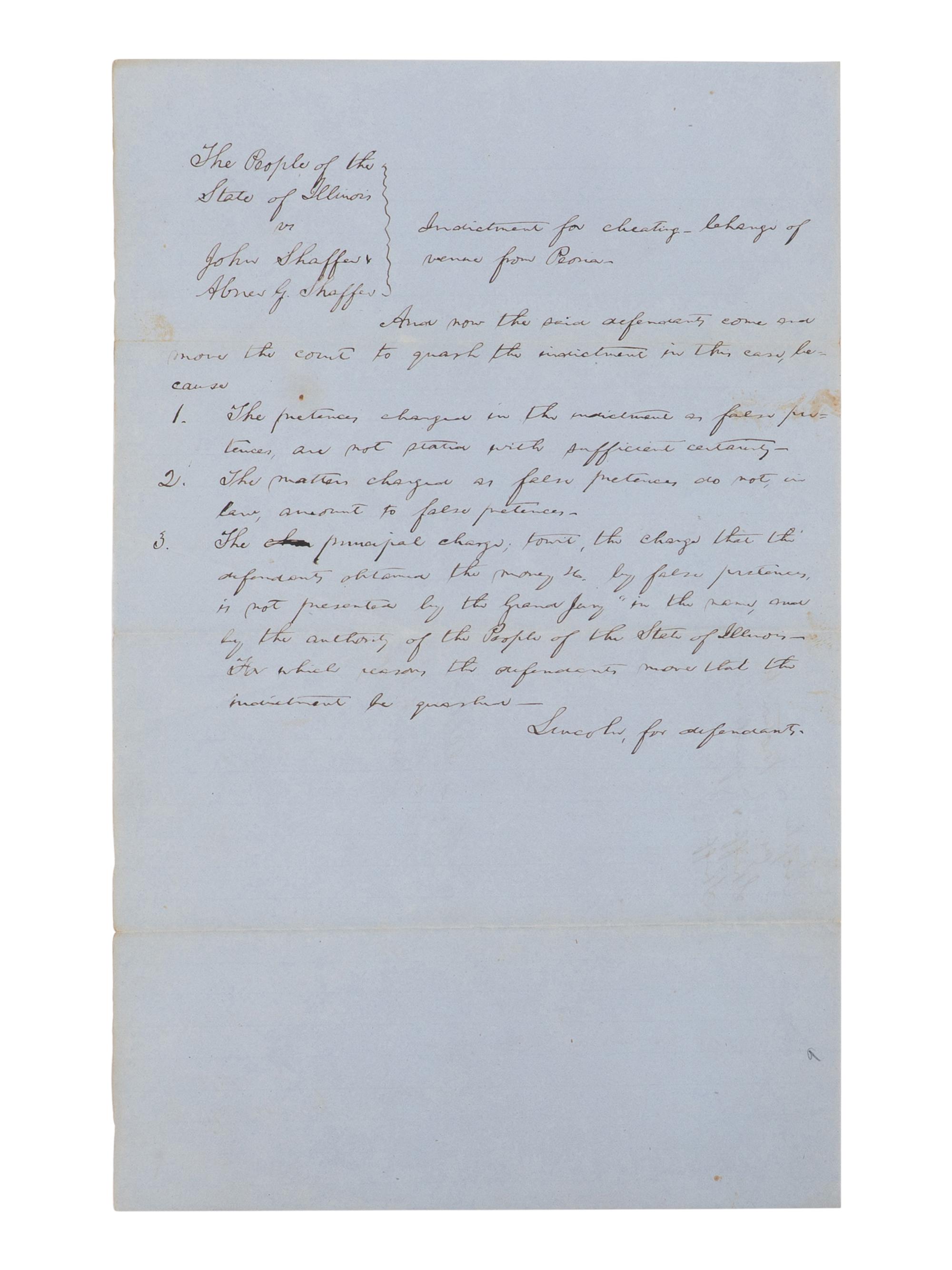 LINCOLN, Abraham (1809-1865). Autograph legal document signed ("Lincoln, for defendant"), [Tazewell County, Ill.], [filed] 4 October 1853.
