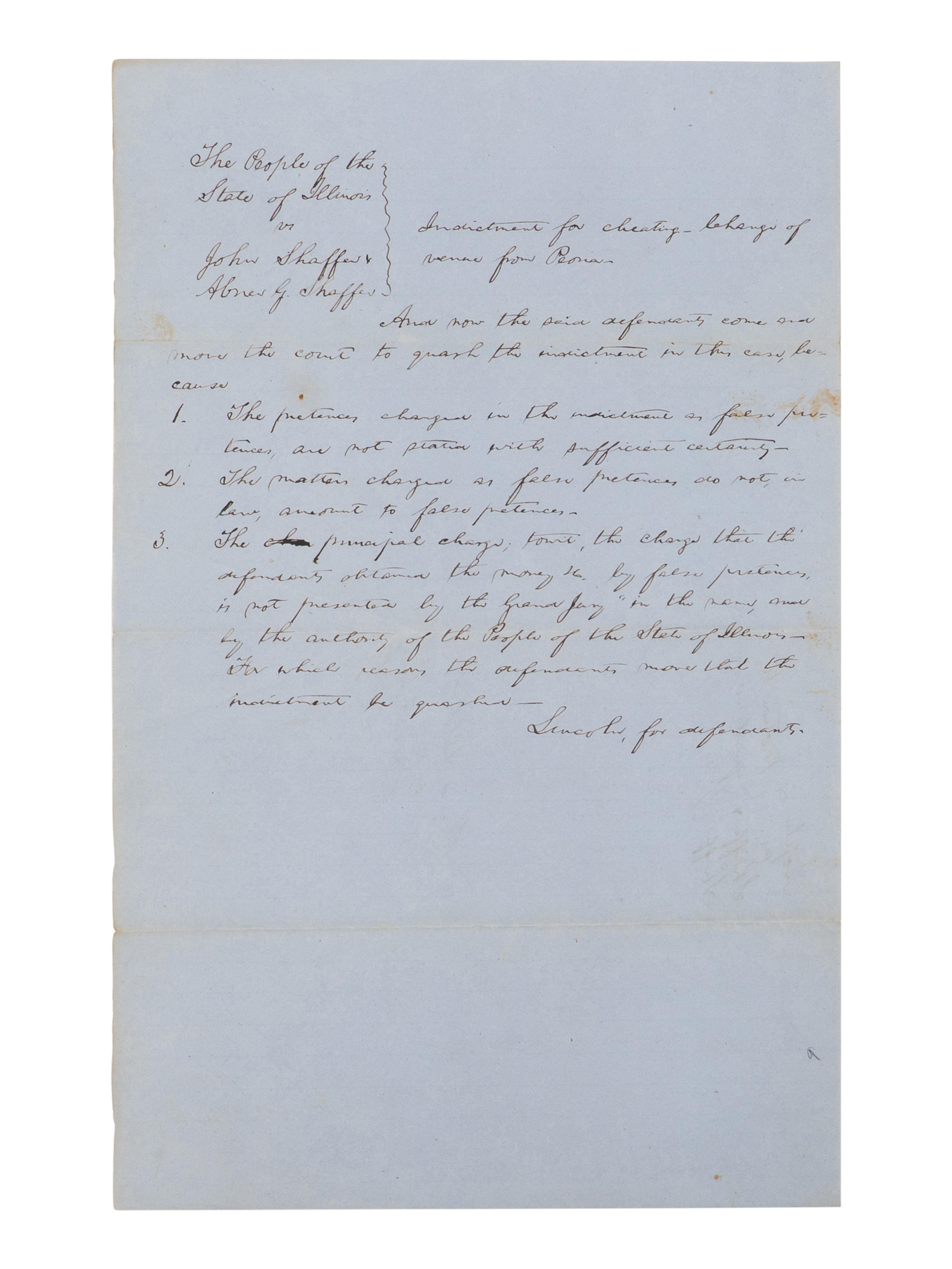 LINCOLN, Abraham (1809-1865). Autograph legal document signed ("Lincoln, for defendant"), [Tazewell County, Ill.], [filed] 4 October 1853.