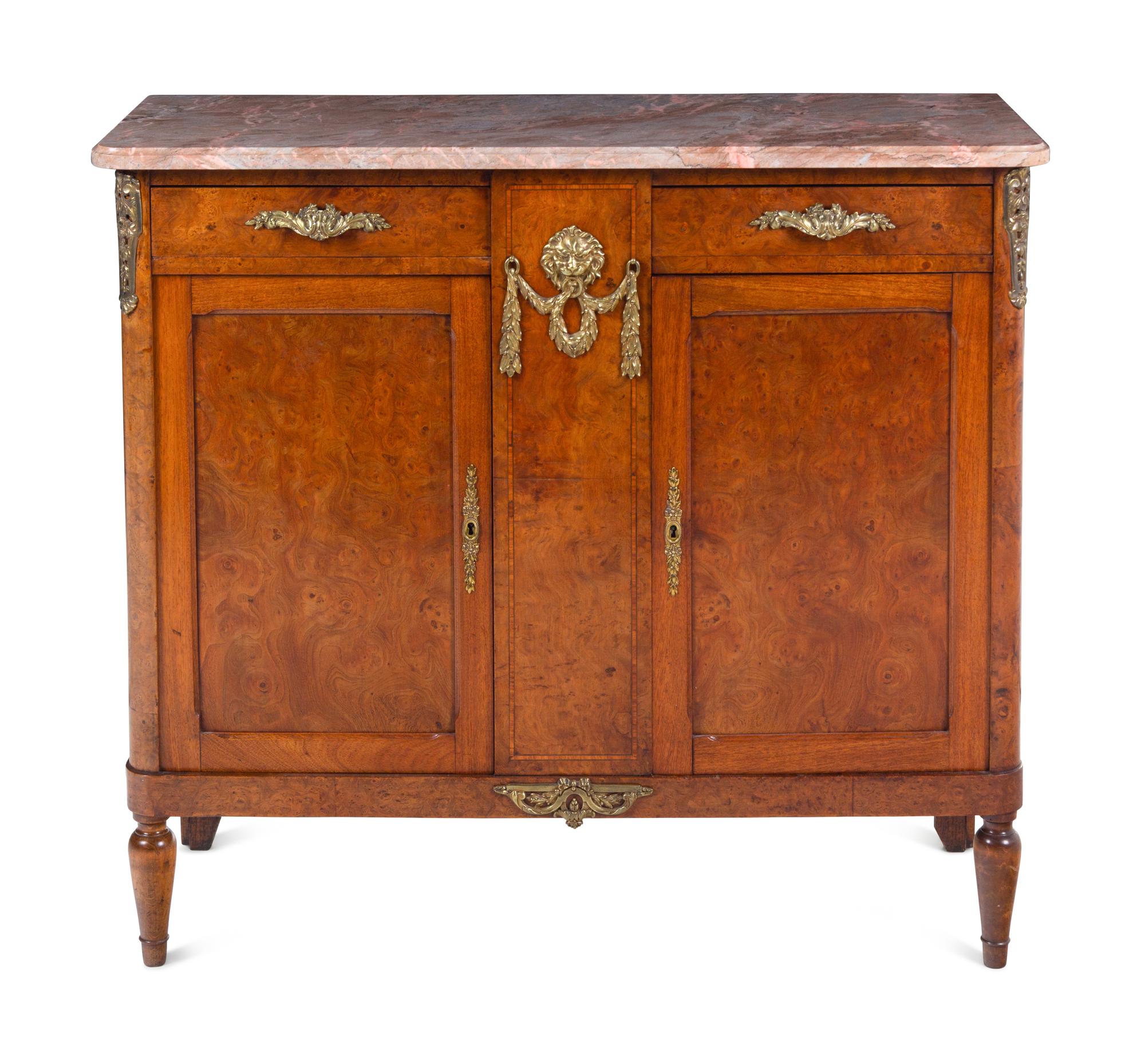 A Louis XVI Style Gilt Bronze-Mounted Burlwood Marble-Top Serving Cabinet