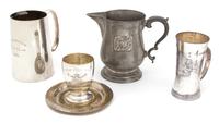 Five Miscellaneous Polo Trophy Items, 20TH CENTURY, comprising a silver plate handled mug inscribed Cheltenham/Polo Club/1935; a silver