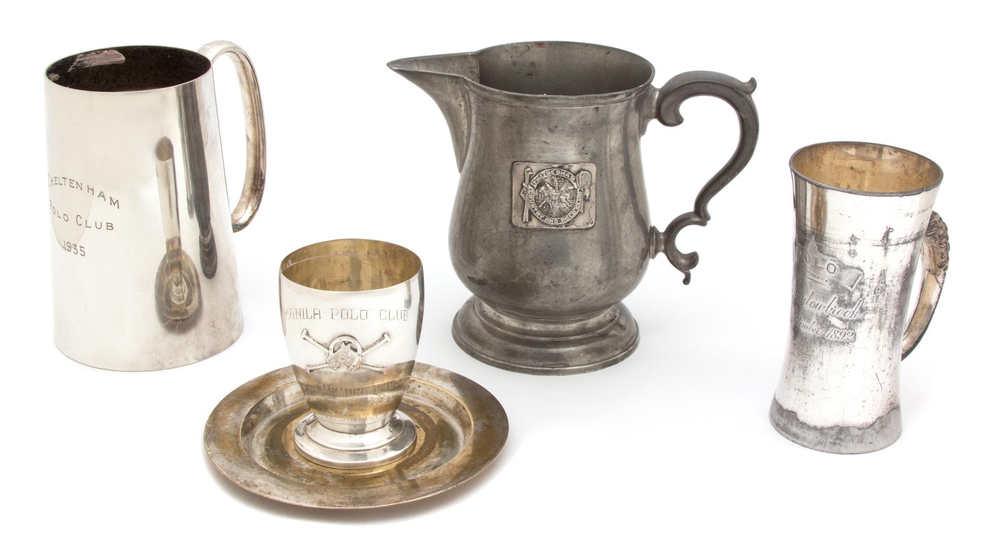 Five Miscellaneous Polo Trophy Items, 20TH CENTURY, comprising a silver plate handled mug inscribed Cheltenham/Polo Club/1935; a silver