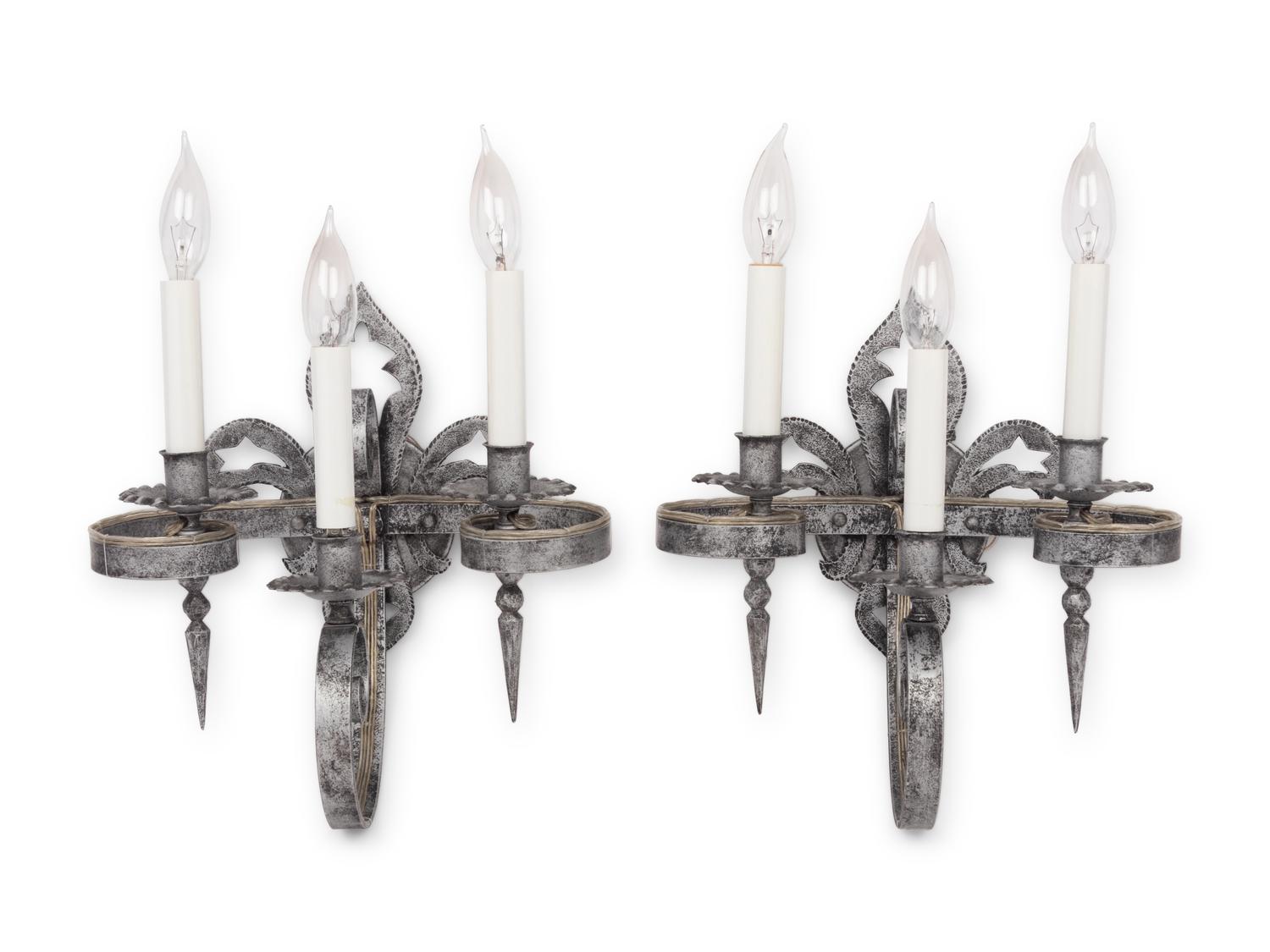 A Pair of Silvered Wrought Iron Three-Light Sconces