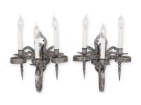 A Pair of Silvered Wrought Iron Three-Light Sconces