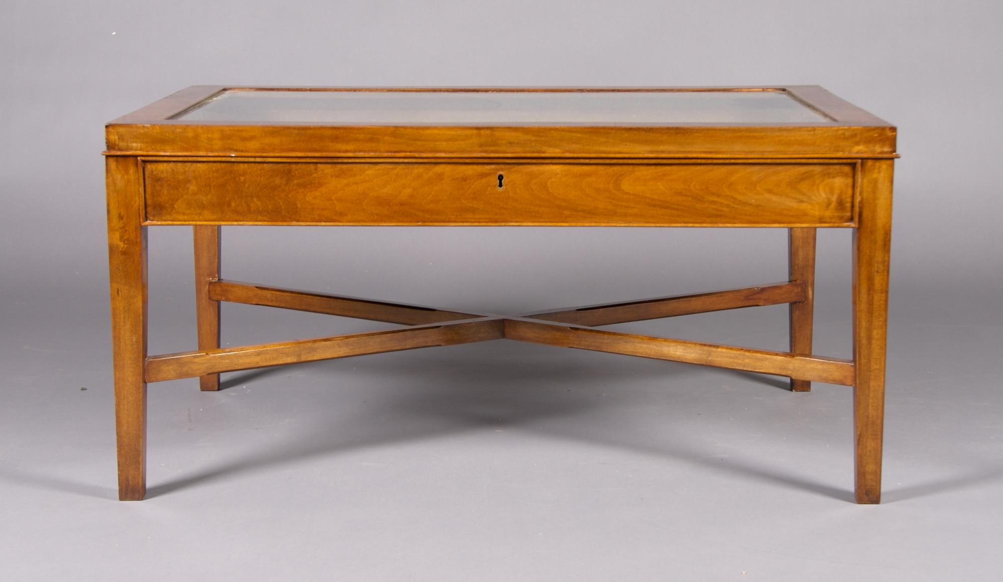 A Burlwood and Inlaid Vitrine Table, Height 19 x width 39 x depth 26 3/4 inches.
