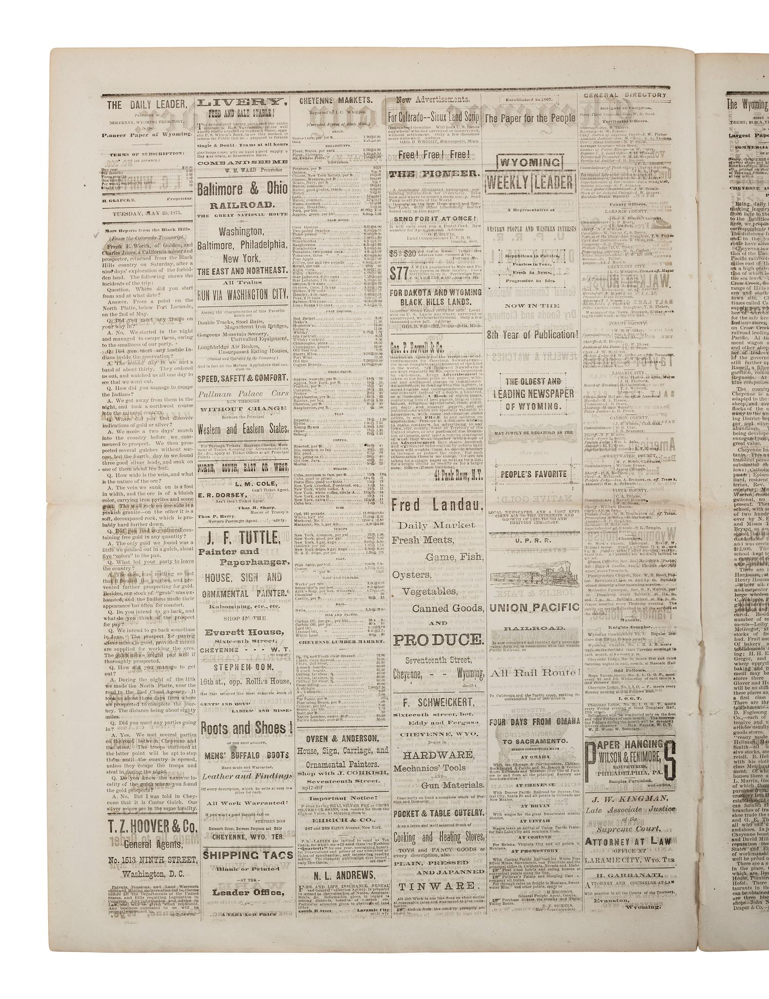 [GOLD MINING]. Cheyenne Daily Leader . Vol. VIII, No. 209. Cheyenne, Wyoming Territory: H. Glafcke, 25 May 1876. Early news report of the discovery of gold in the Black Hills.