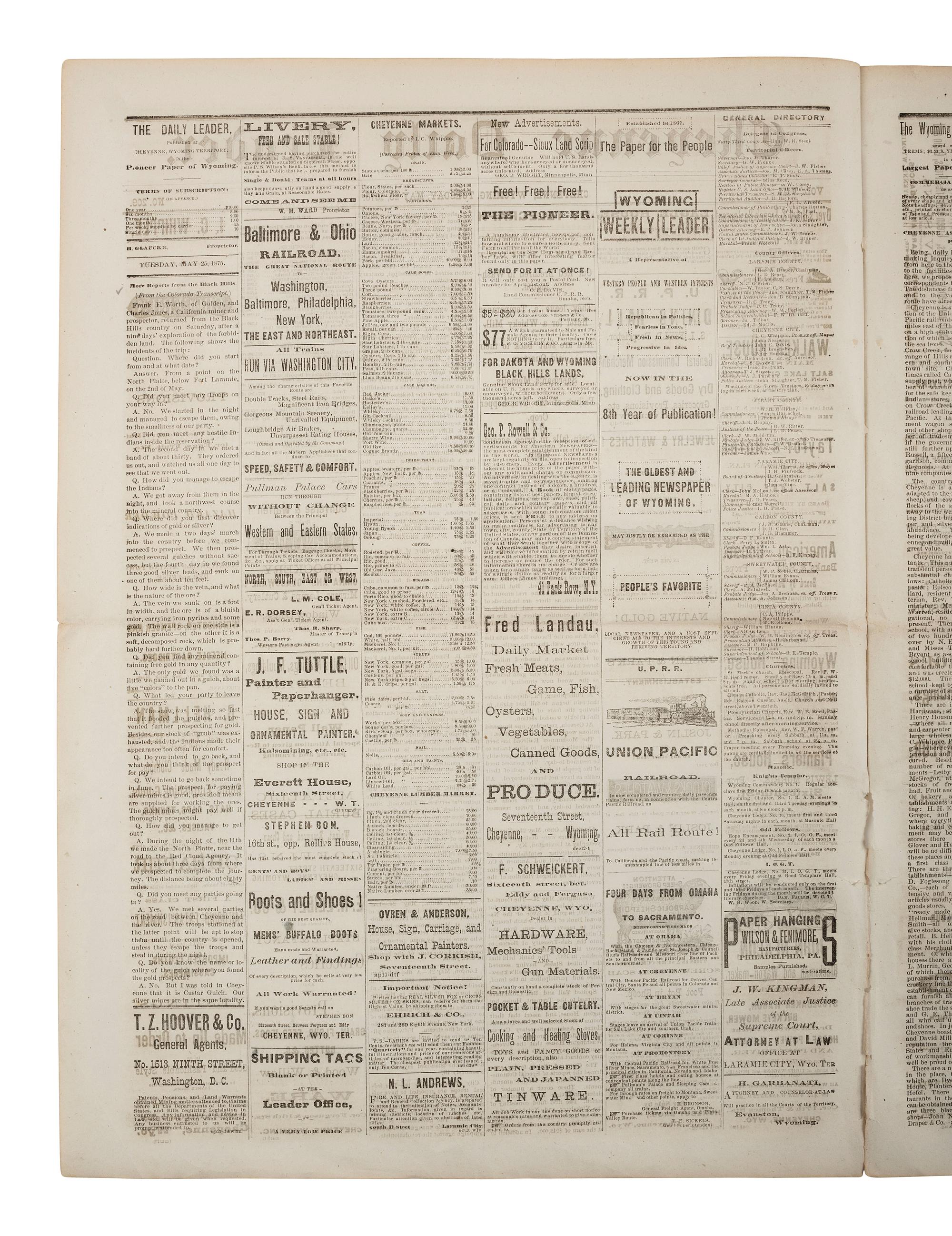 [GOLD MINING]. Cheyenne Daily Leader . Vol. VIII, No. 209. Cheyenne, Wyoming Territory: H. Glafcke, 25 May 1876. Early news report of the discovery of gold in the Black Hills.