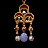 A Pair of Byzantine Gold Earrings with Garnet, Pearl and Chalcedony Elements