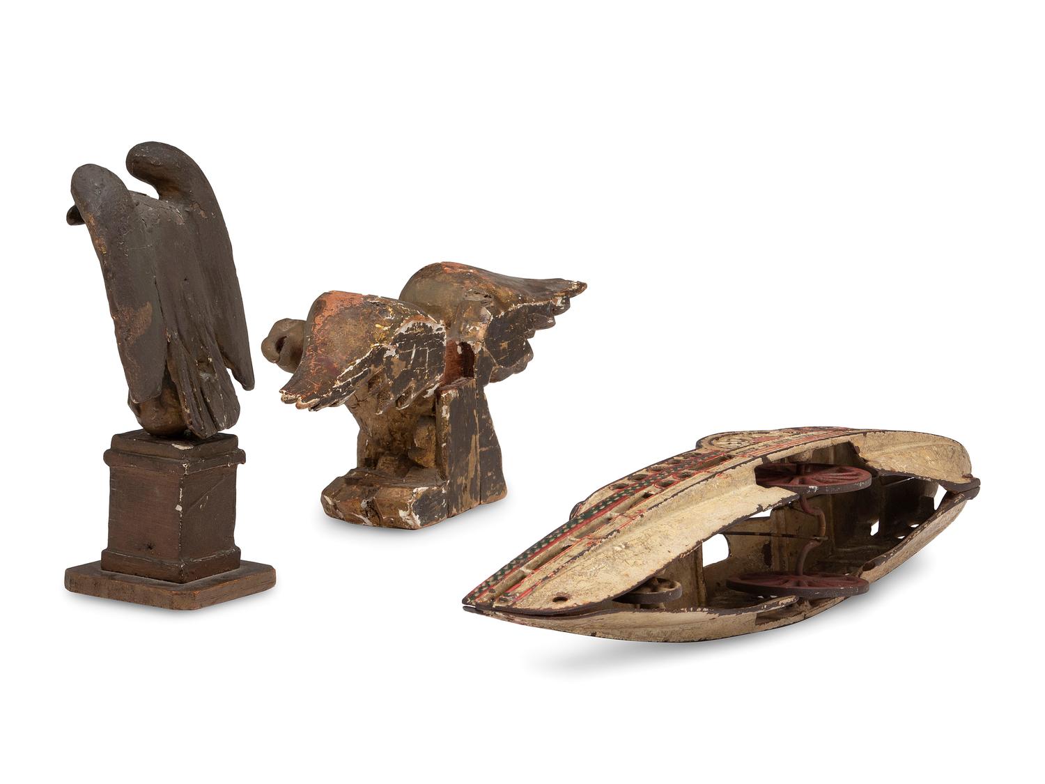 Two Carved and Painted Wood Eagle Finials, and a Cast Iron Paddleboat Boat Toy