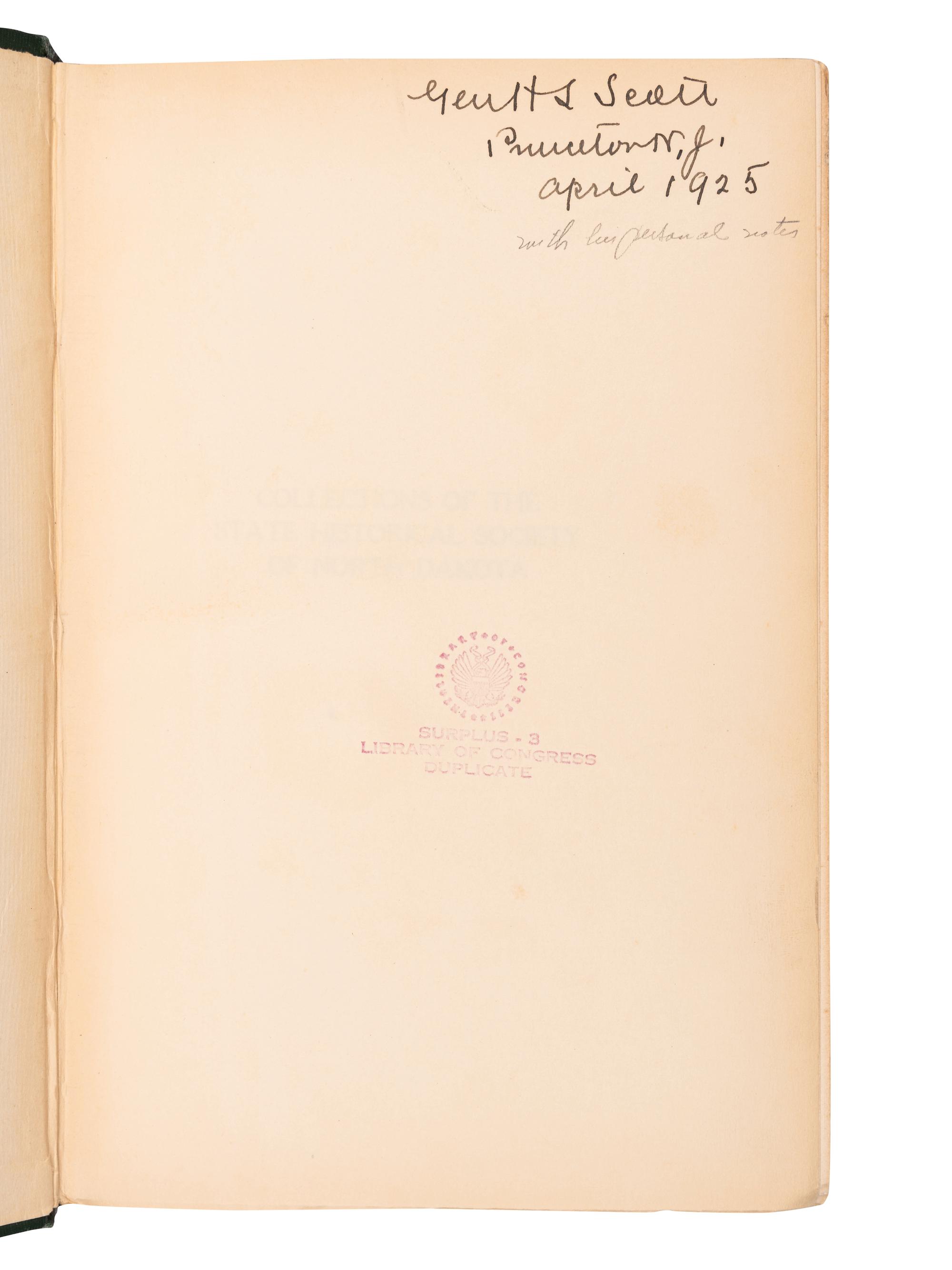 [CUSTER, George Armstrong (1839-1876)] -- [SCOTT, Hugh Lenox (1853-1934), his copy]. LIBBY, O. G., editor. Collections of the State Historical Society of North Dakota . Grand Forks, ND: n.p., 1925.