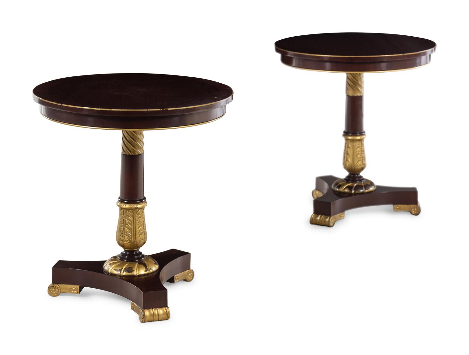 A Pair of Clive Christian Empire Style Parcel Gilt Pedestal Tables