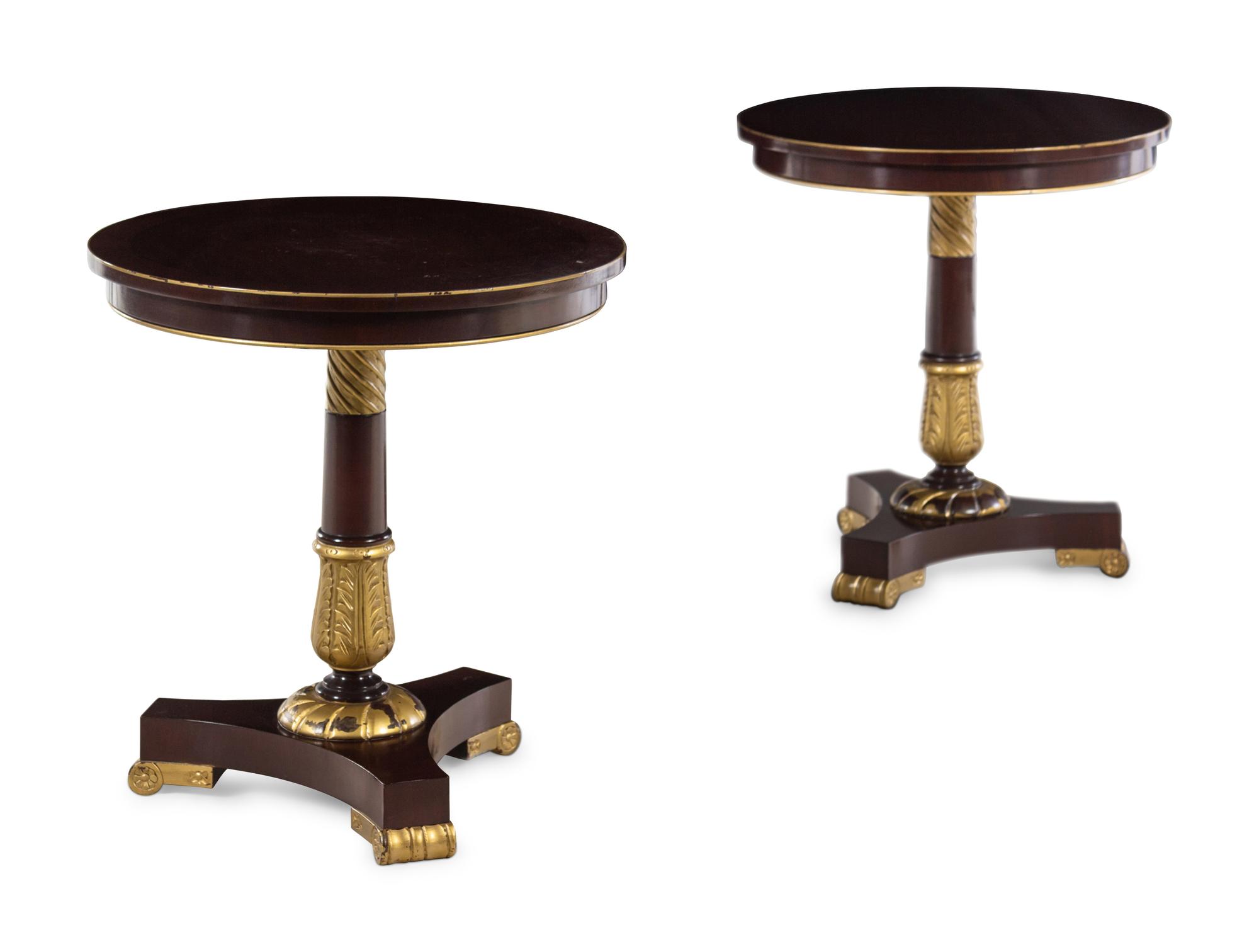 A Pair of Clive Christian Empire Style Parcel Gilt Pedestal Tables