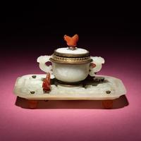 A Chinese Carved Pale Celadon Jade Cup and Stand Mounted as an Inkwell, 19th-20th Century — 晚清-民國 青白玉刻龍紋杯碟改墨水瓶