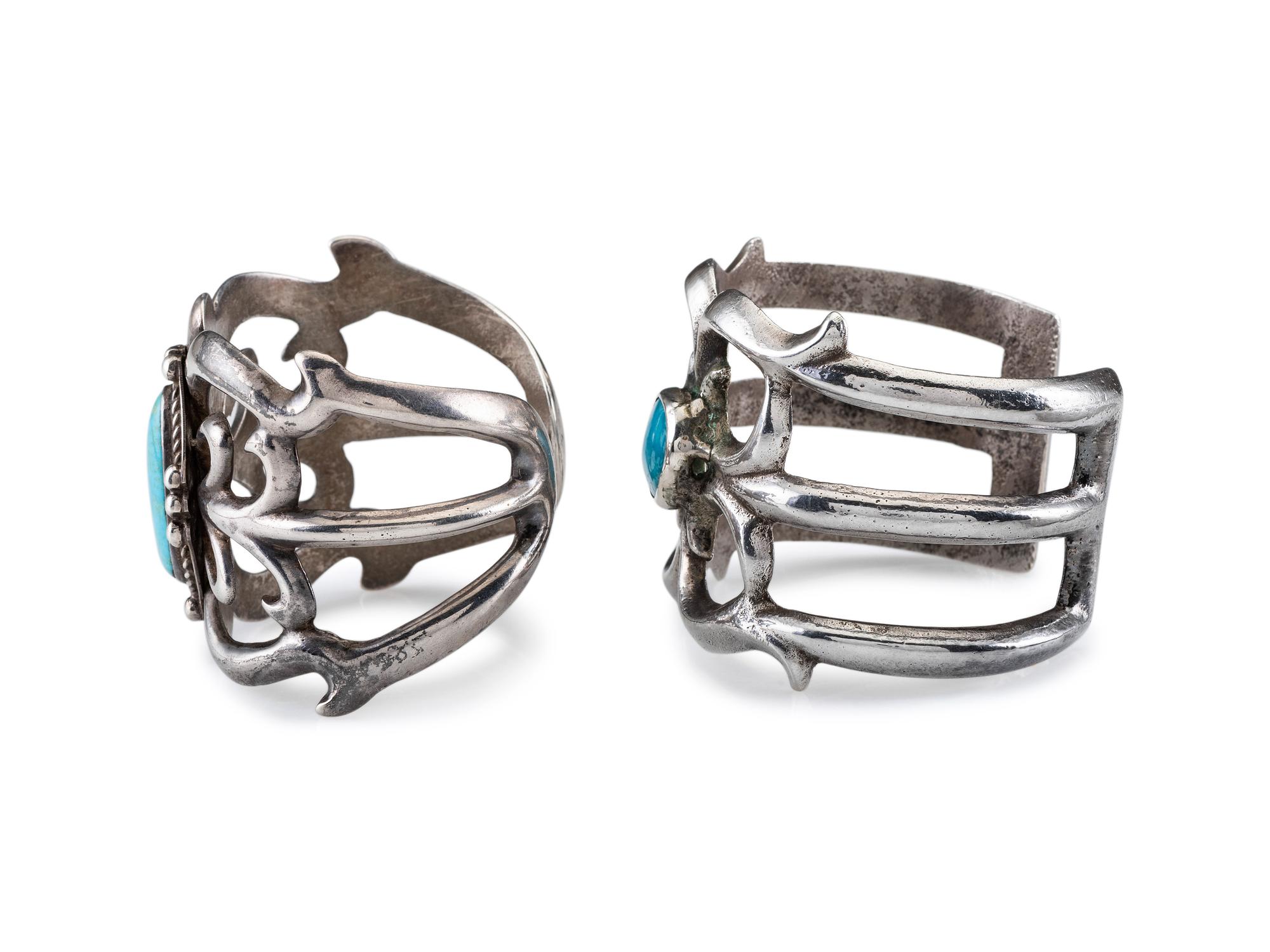 Navajo Sandcast Silver and Turquoise Cuff Bracelets