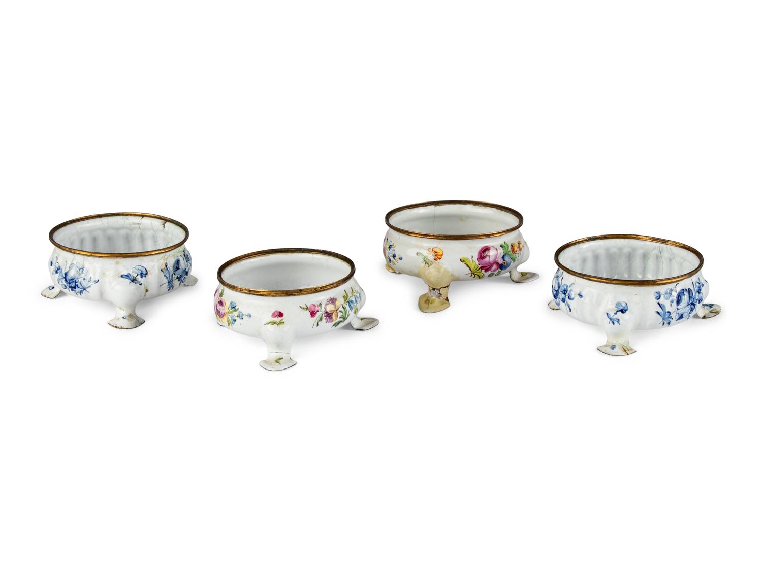 Two Pairs of Staffordshire Enamel Salt Cellars
