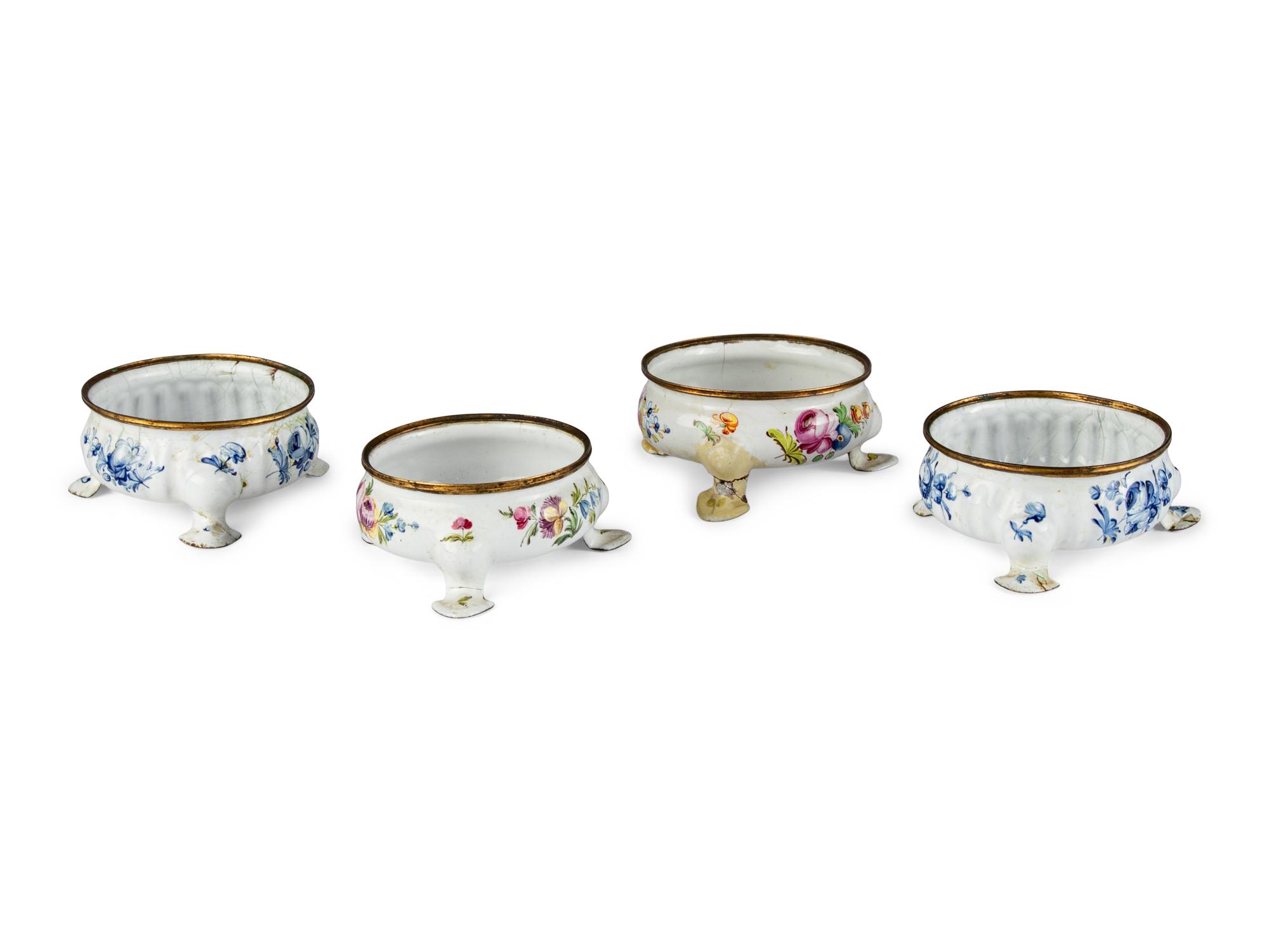 Two Pairs of Staffordshire Enamel Salt Cellars