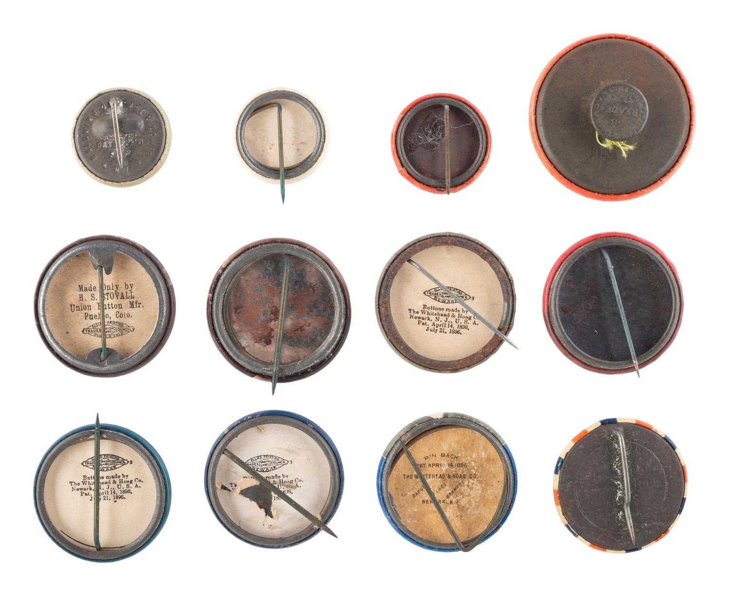 [BRYAN, William Jennings (1860-1925)]. A group of 12 buttons, incl. single and jugate campaign examples featuring Bryan with Sewall, Stevenson, and Kern.