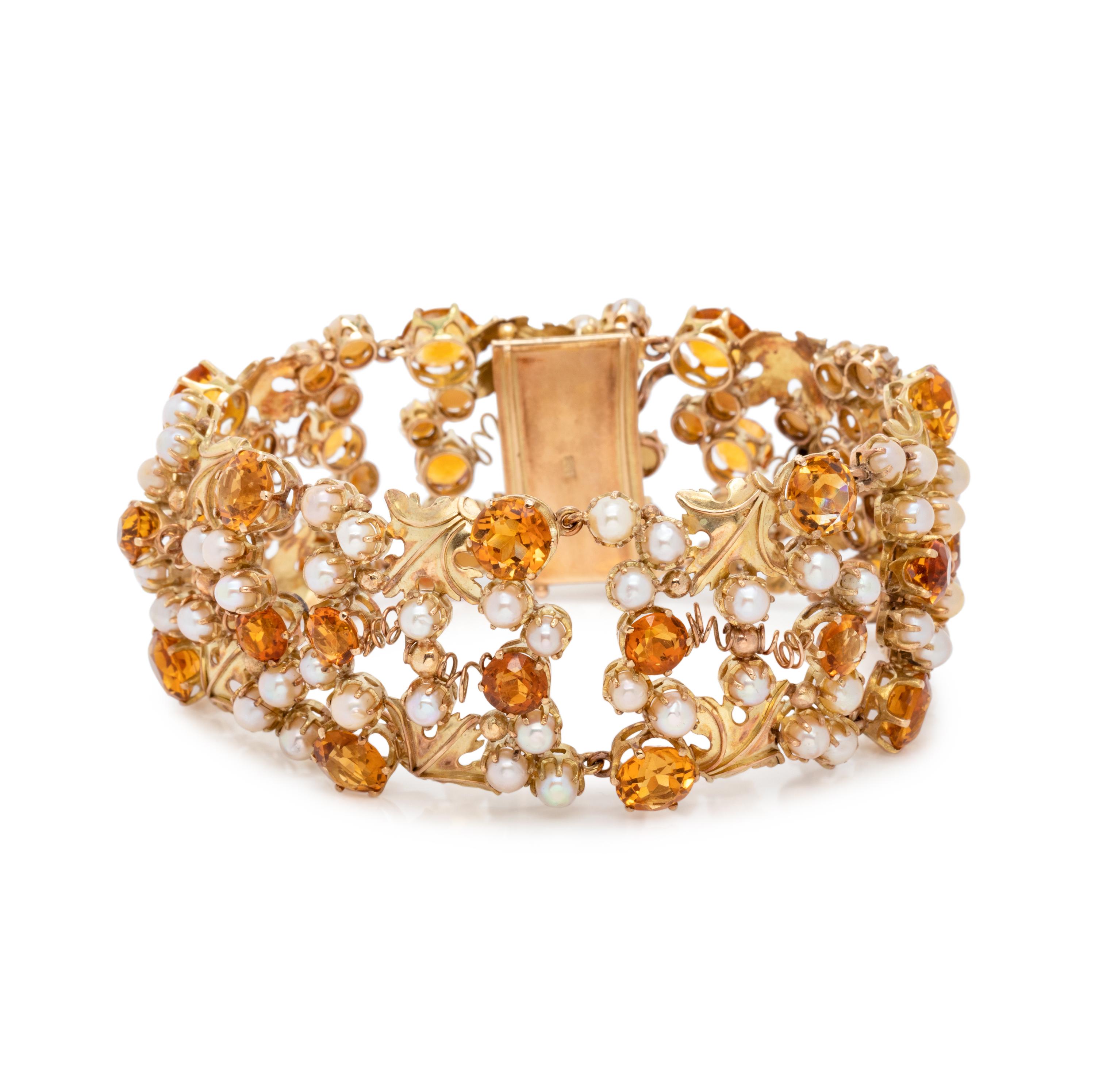 YELLOW GOLD, CITRINE AND CULTURED PEARL BRACELET