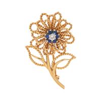 YELLOW GOLD, SAPPHIRE AND DIAMOND FLOWER BROOCH