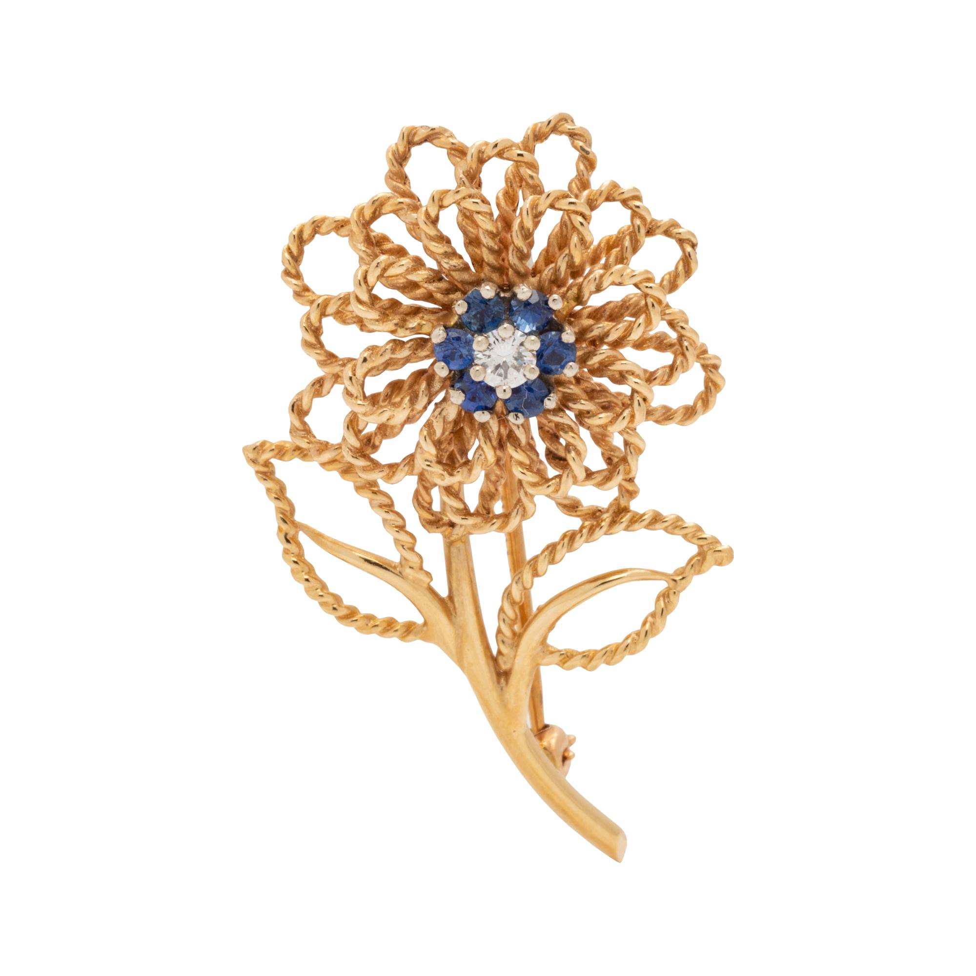 YELLOW GOLD, SAPPHIRE AND DIAMOND FLOWER BROOCH