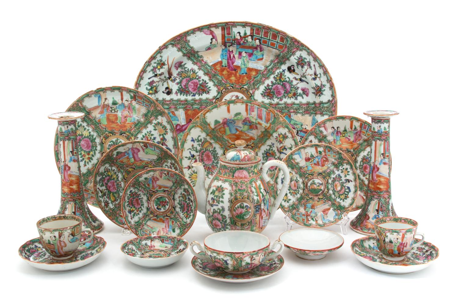 A Large Group of Chinese Rose Medallion Porcelain Length of platter 16 inches.