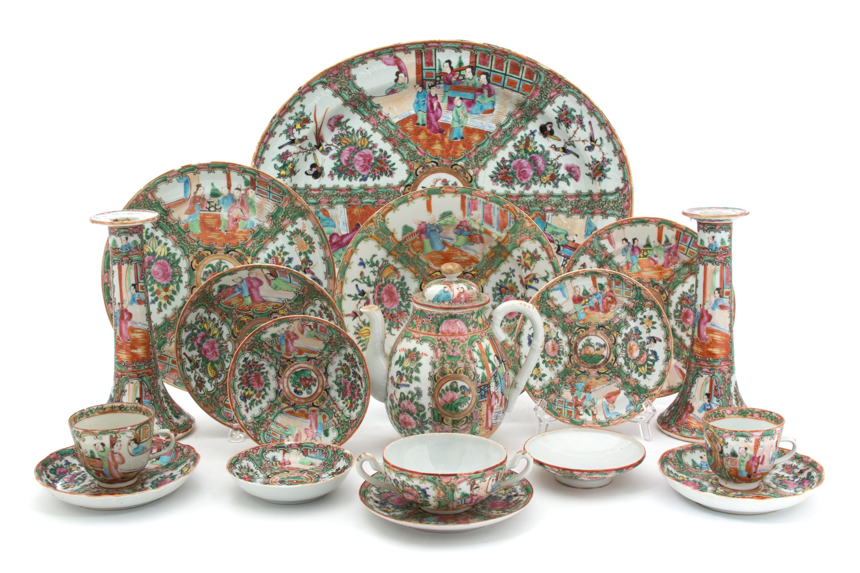 A Large Group of Chinese Rose Medallion Porcelain Length of platter 16 inches.