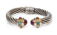 A Sterling Silver, 14 Karat Yellow Gold, Pink Tourmaline, Blue Topaz and Garnet 'Renaissance' Bracelet, David Yurman, 29.50 dwts.