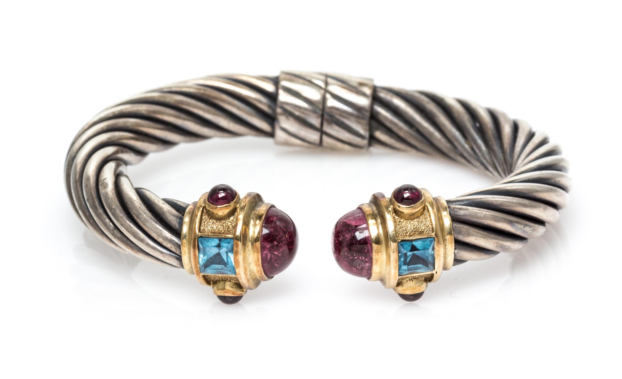 A Sterling Silver, 14 Karat Yellow Gold, Pink Tourmaline, Blue Topaz and Garnet 'Renaissance' Bracelet, David Yurman, 29.50 dwts.