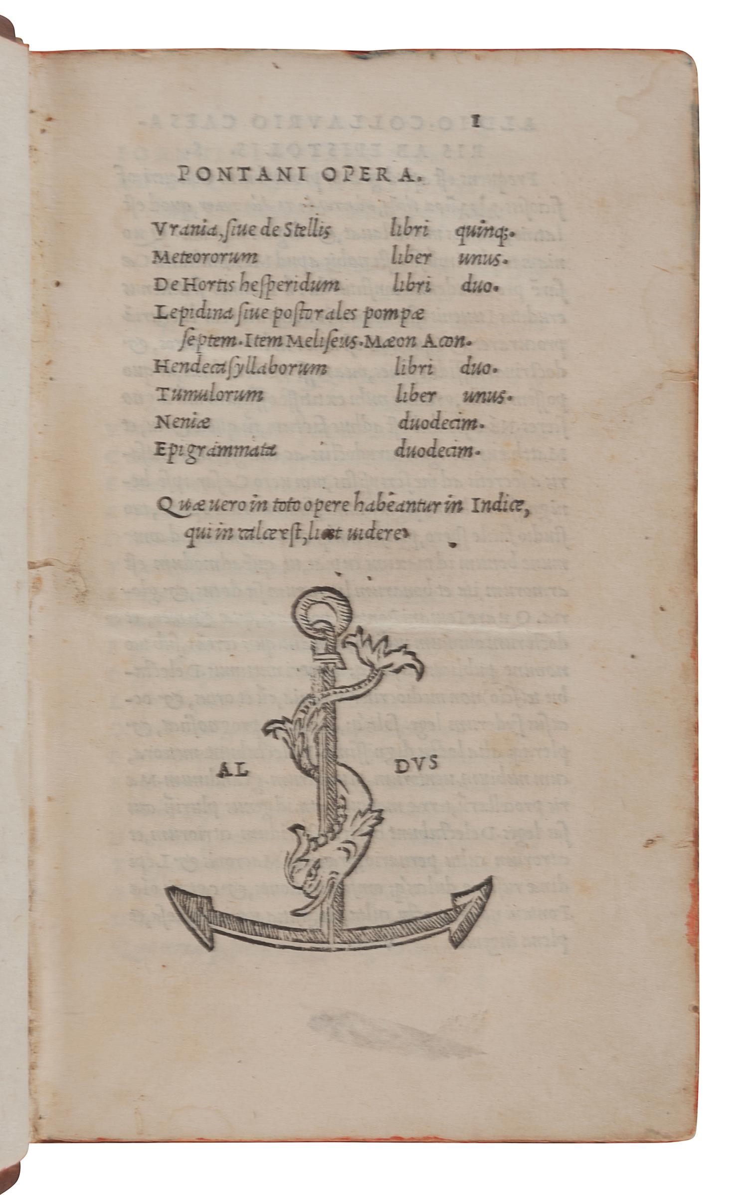 PONTANUS, Johannes Jovianus (1426-1503). Opera. Venice: Aldus, 1513. 12mo. Later calf gilt, edges stained red.