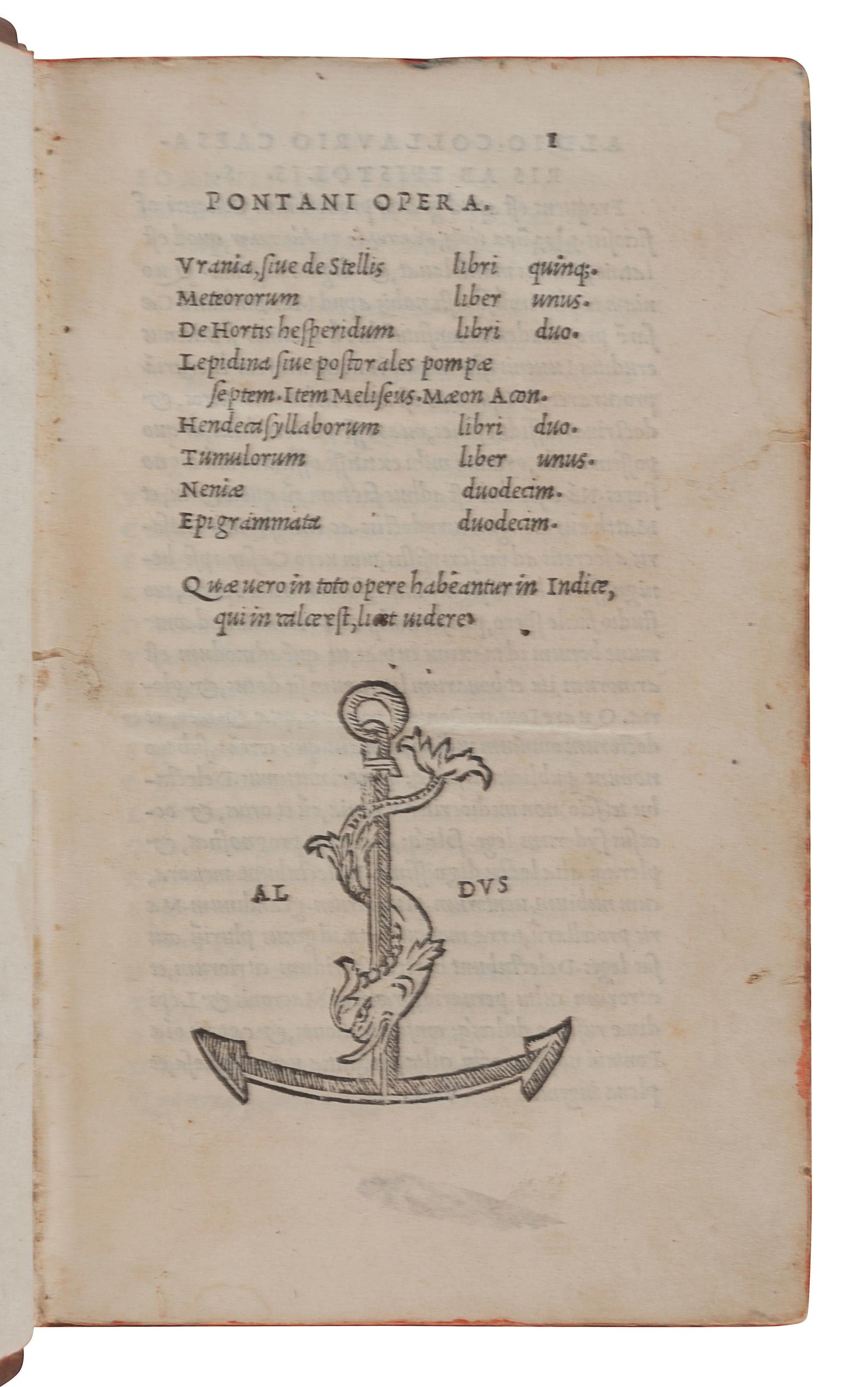 PONTANUS, Johannes Jovianus (1426-1503). Opera. Venice: Aldus, 1513. 12mo. Later calf gilt, edges stained red.