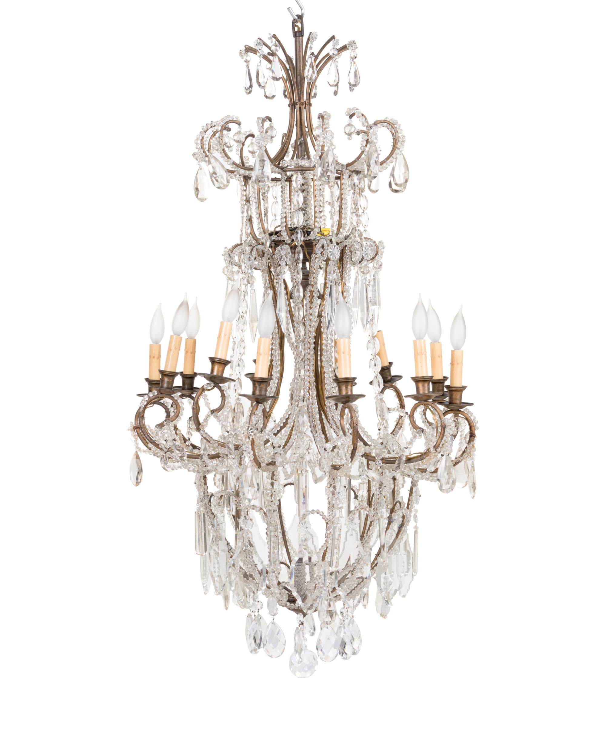A Beaded Gilt Metal Twelve-Light Chandelier