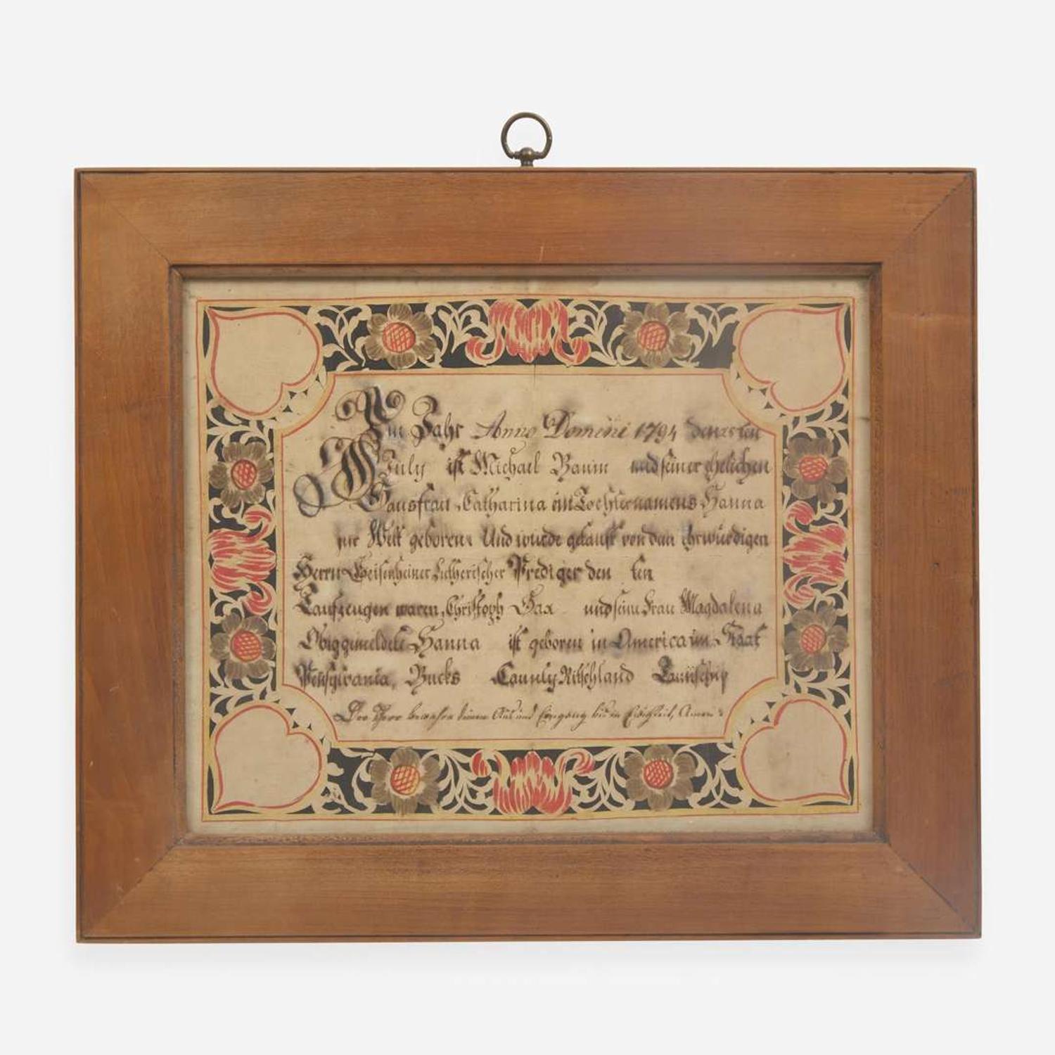 Wilhelm Antonius Faber (active 1780-1818) Cutwork Fraktur, Bucks County, PA, dated "1794"