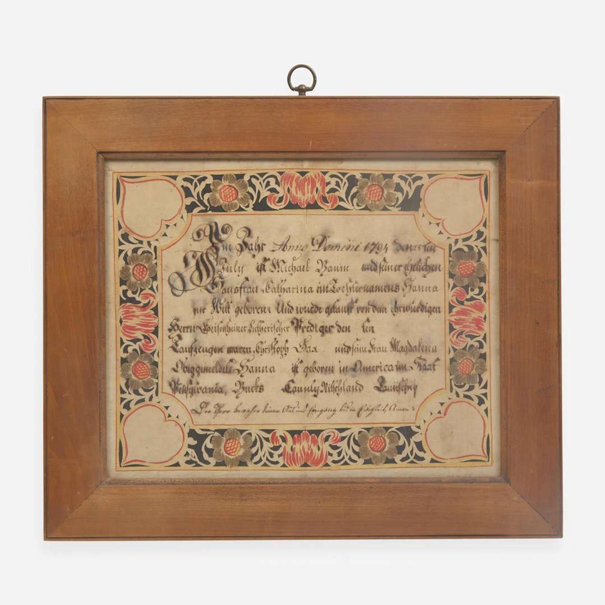 Wilhelm Antonius Faber (active 1780-1818) Cutwork Fraktur, Bucks County, PA, dated "1794"