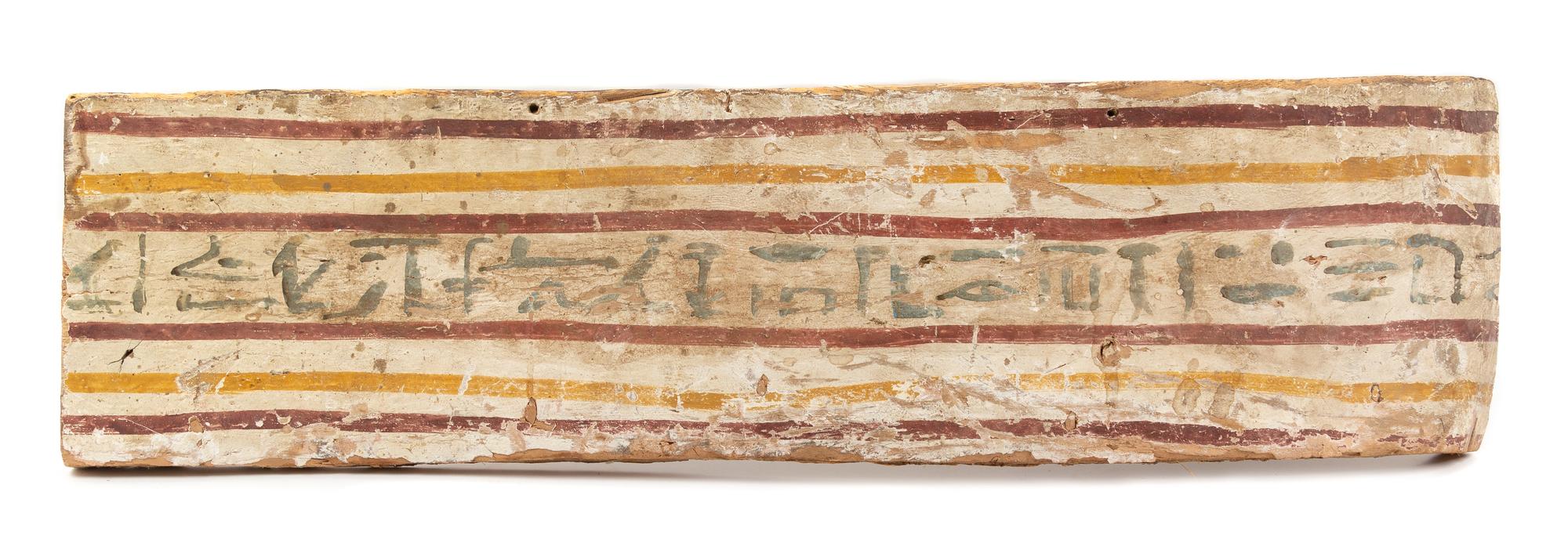 An Egyptian Painted Wood Coffin Panel Height 43 inches. — LATE PERIOD TO PTOLEMAIC PERIOD, 664-30 B.C.E.