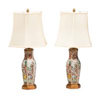 A Pair of Chinese Export Porcelain Hexagonal Table Lamps