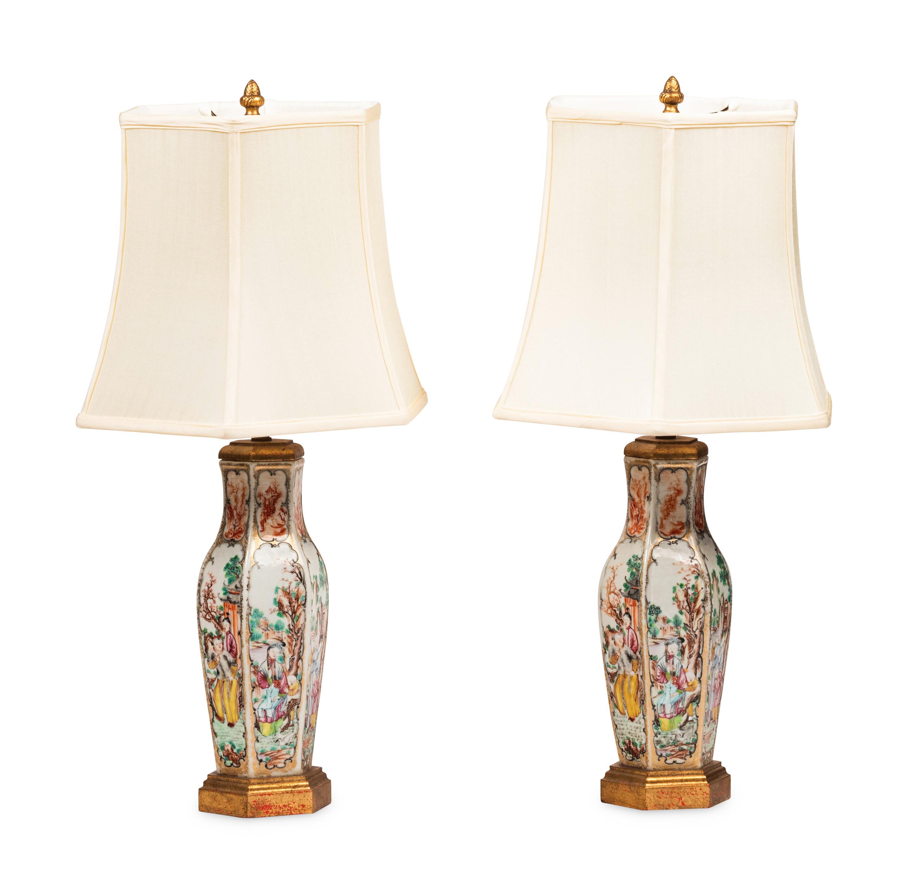 A Pair of Chinese Export Porcelain Hexagonal Table Lamps